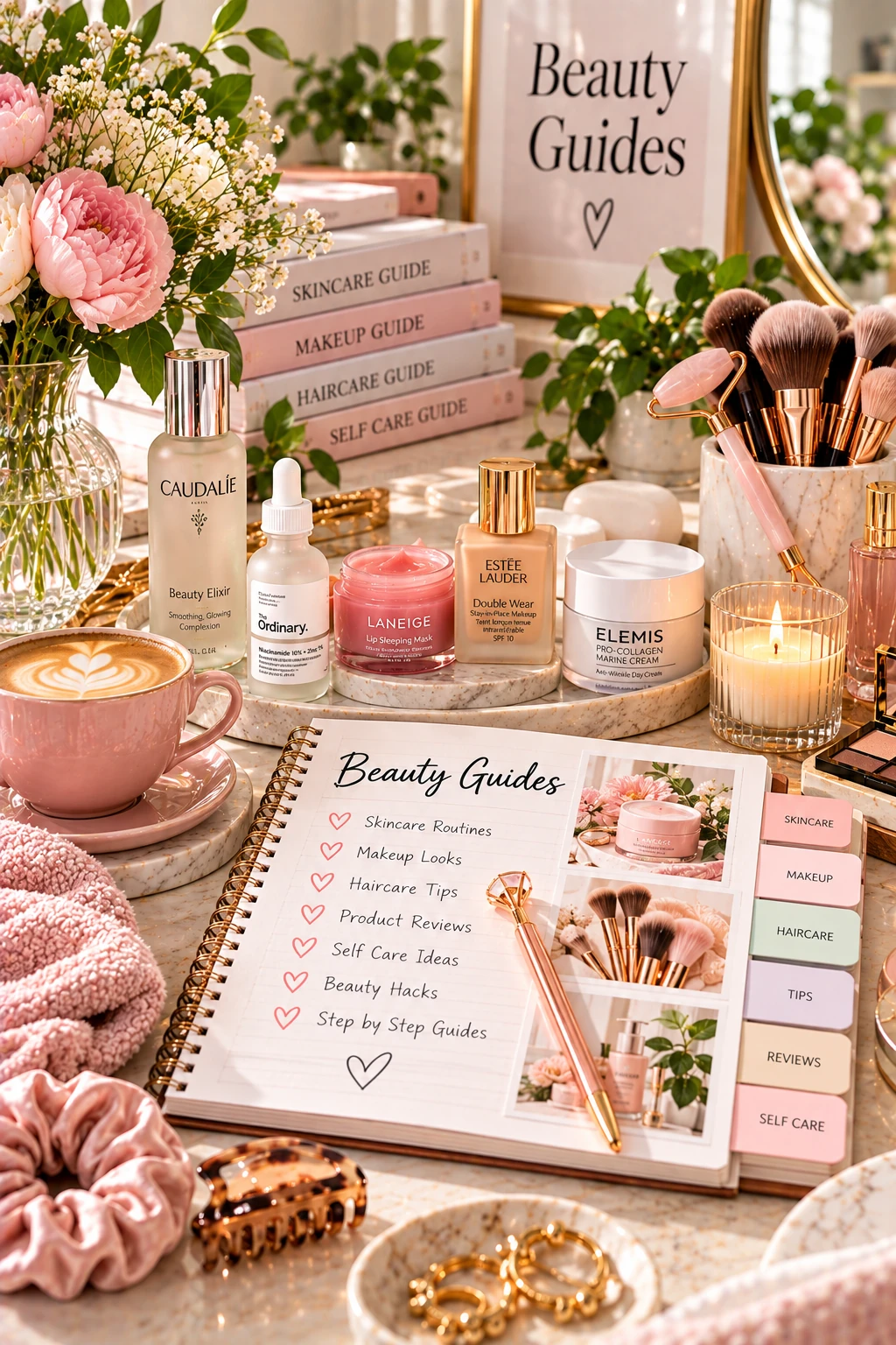Beauty products arranged on a marble vanity beside beauty guide books, brushes, and a beauty tips notebook.