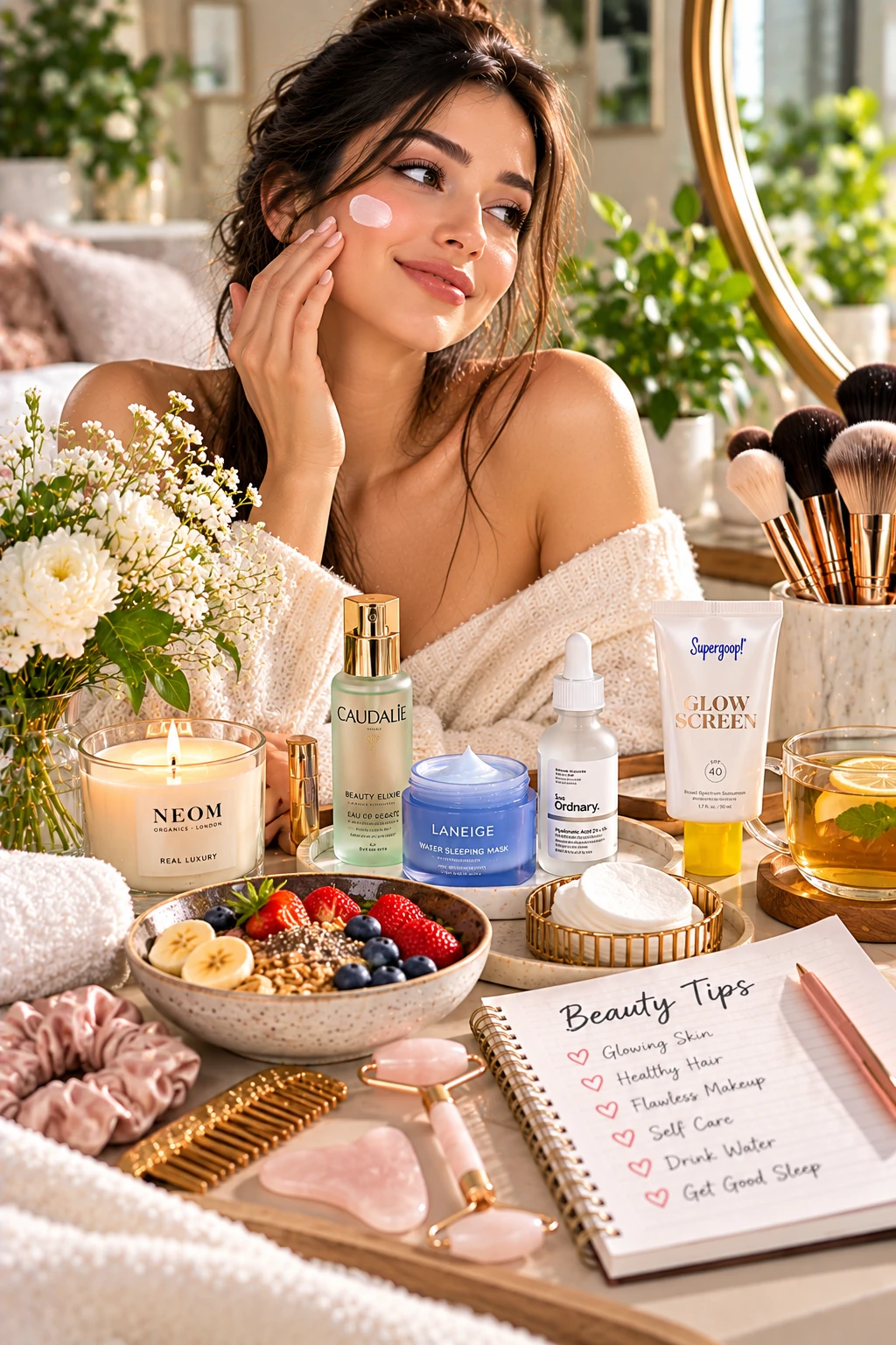 Woman applying skincare cream beside beauty products, makeup brushes, and a beauty tips journal.