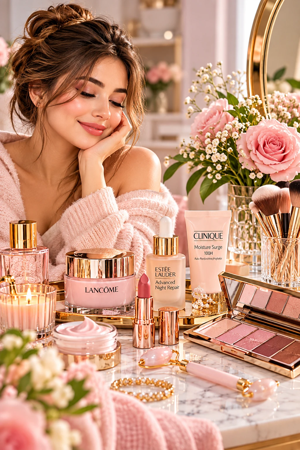 Woman with brunette hair beside luxury skincare products, makeup brushes, and pink flowers on a beauty vanity.