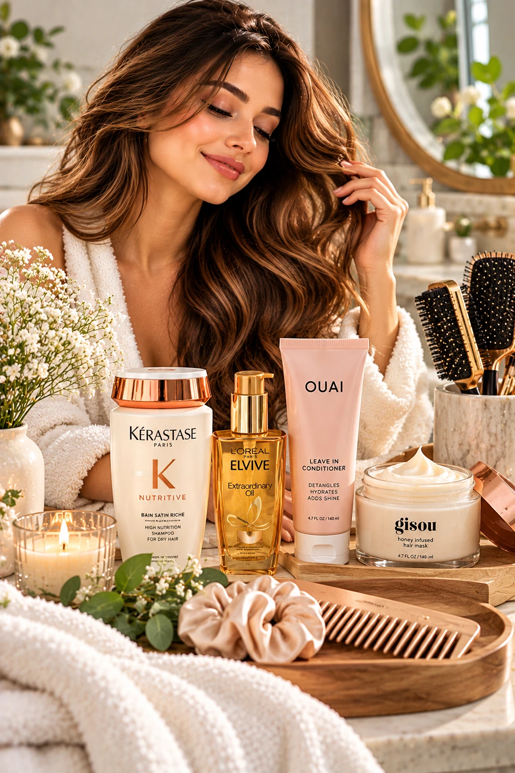 Woman with long wavy hair beside haircare products, brushes, and a wooden vanity tray.