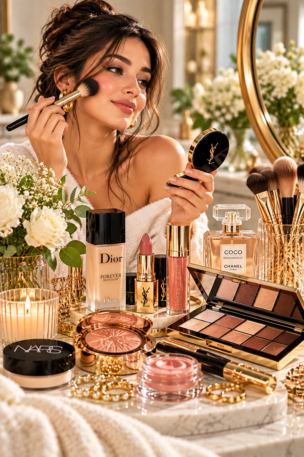 A woman applying blush beside luxury makeup products, brushes, and eyeshadow palettes on a marble vanity.