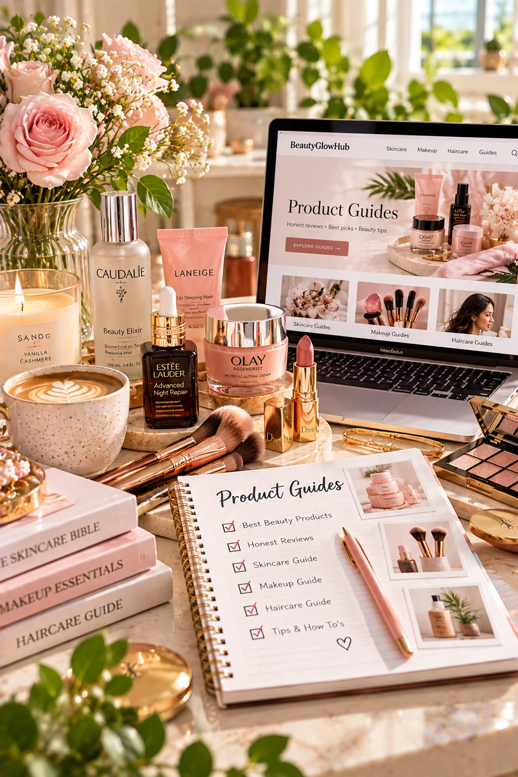 Beauty products arranged beside a laptop showing product guides, with a beauty guide notebook and makeup brushes.