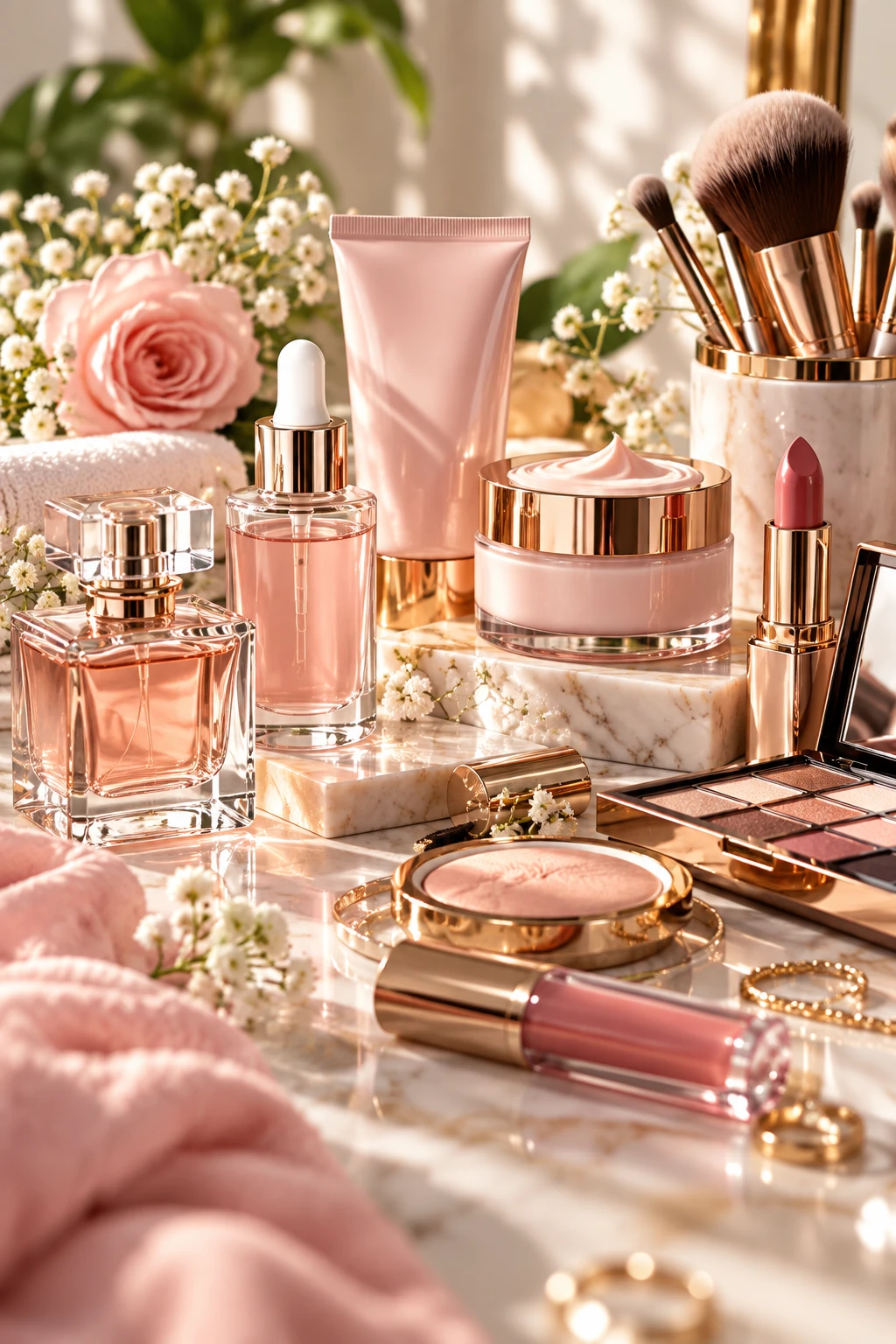 Luxury skincare bottles, makeup brushes, lipstick, and cosmetics arranged on a marble surface.