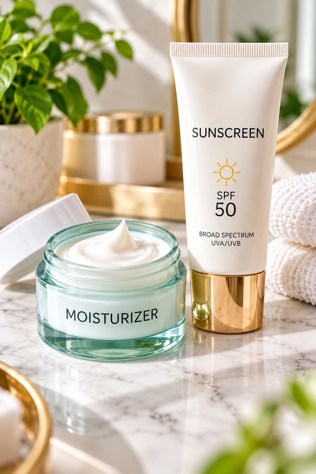 Moisturizer jar and SPF 50 sunscreen tube on a marble vanity.
