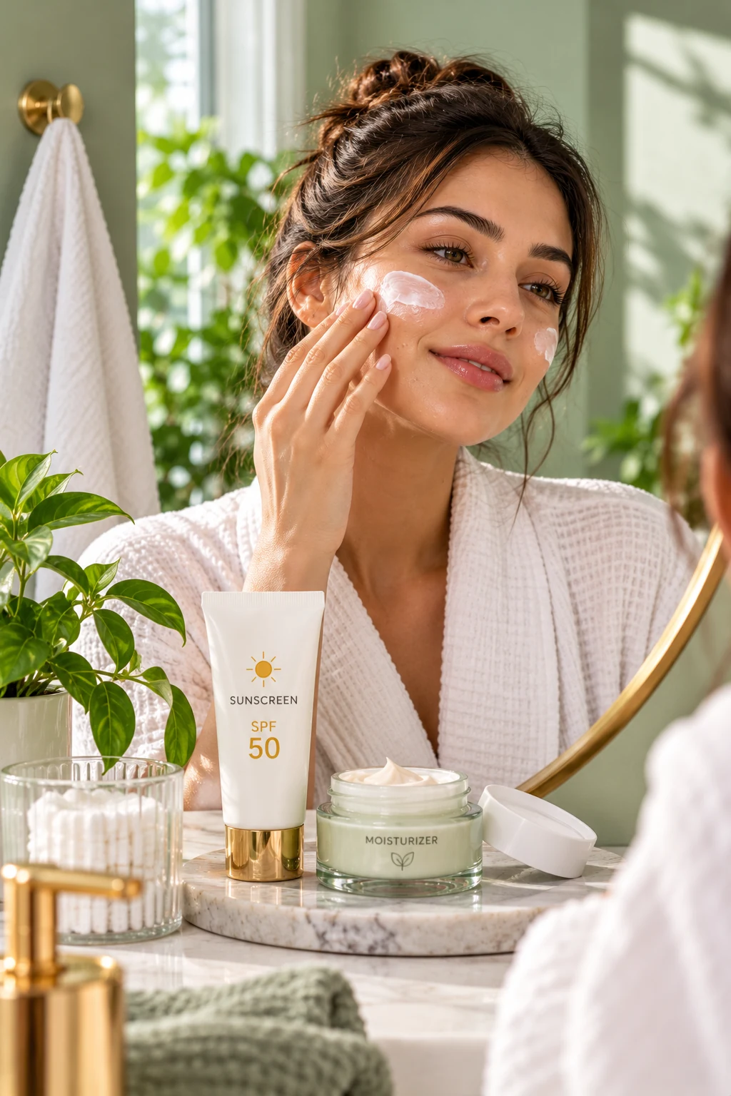 Woman applying skincare beside moisturizer and sunscreen in a green-toned bathroom.