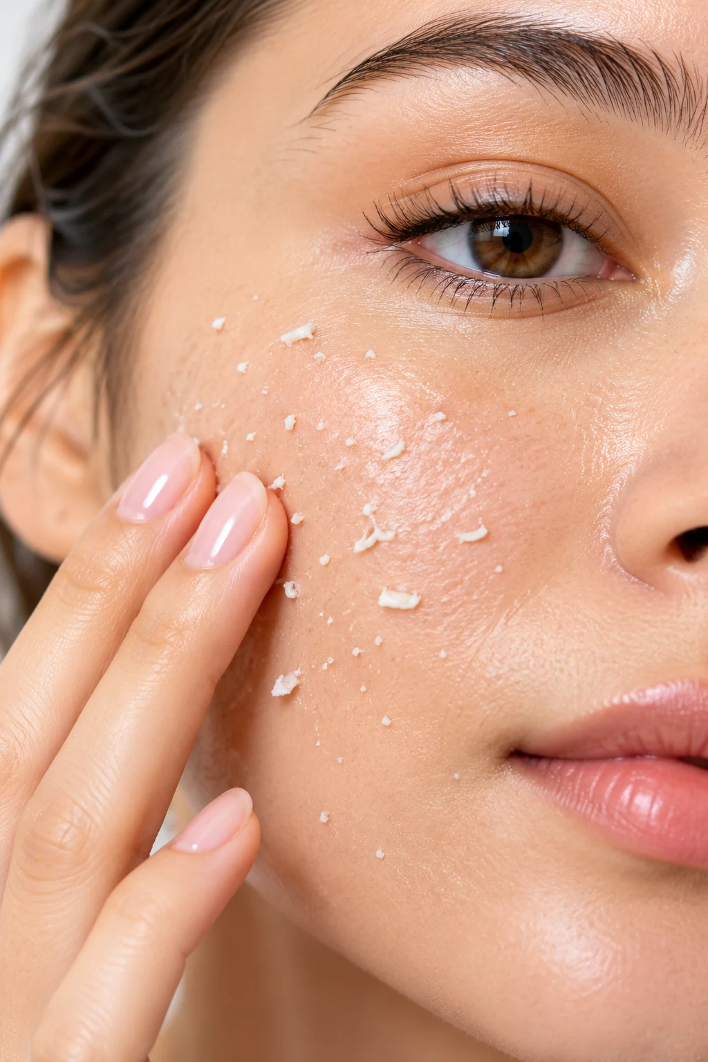 White sunscreen residue forming small flakes on a woman's cheek.