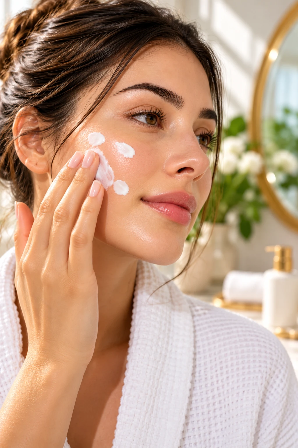 Woman gently blending sunscreen onto her cheek with her fingertips.