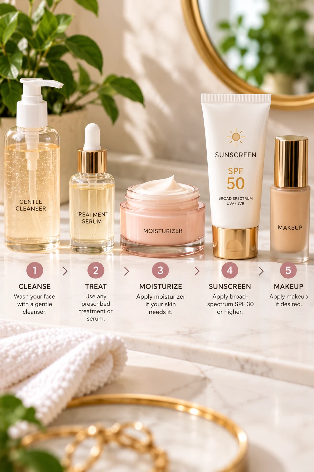 Skincare layering order with cleanser, serum, moisturizer, sunscreen, and makeup.