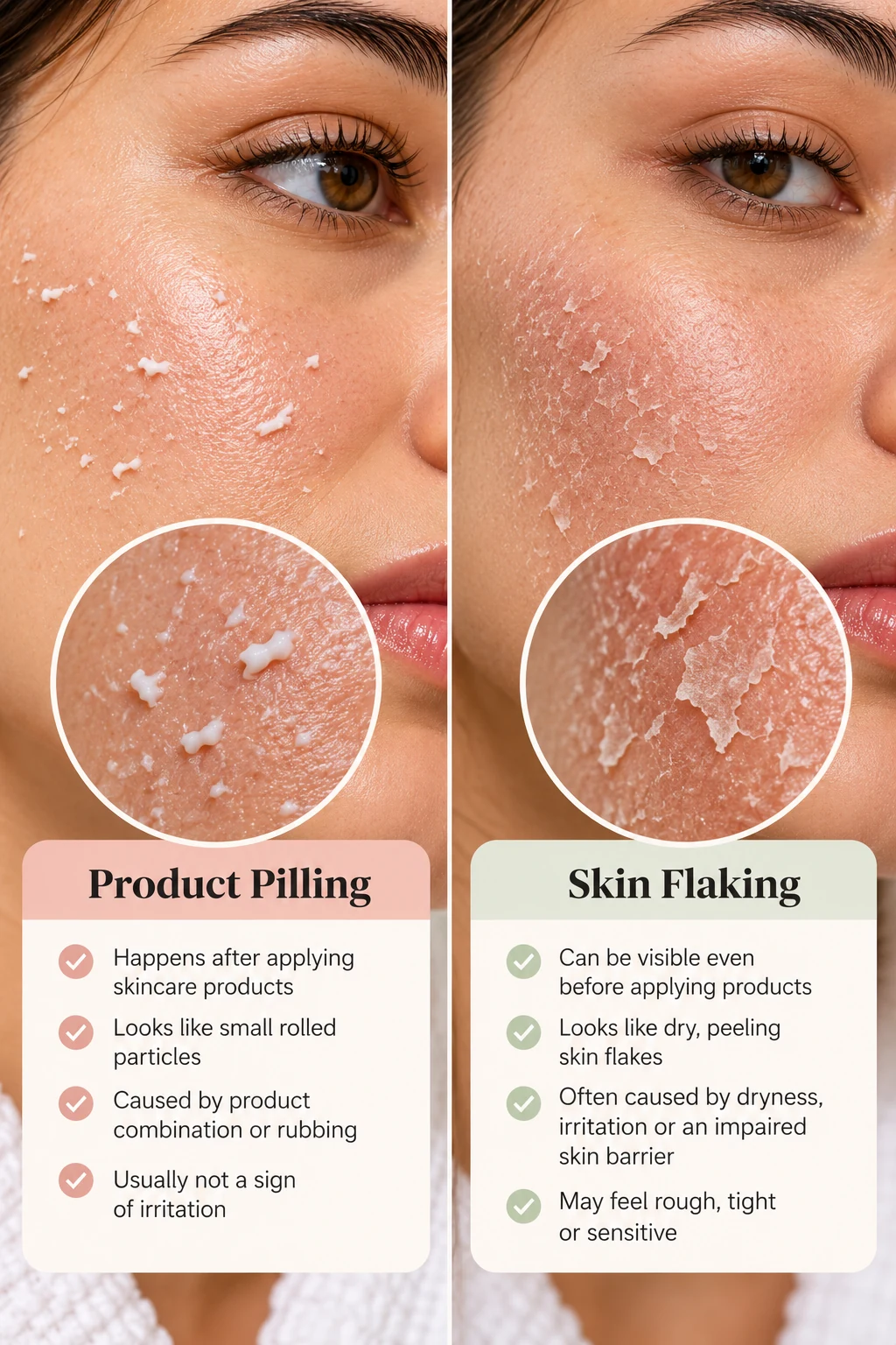 Comparison of sunscreen product pilling and dry, flaky skin on the cheek.
