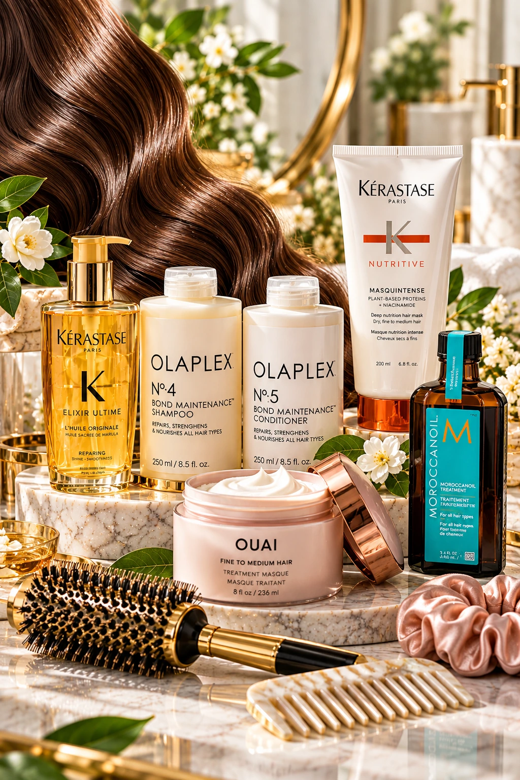Luxury haircare products with glossy hair arranged on a marble vanity