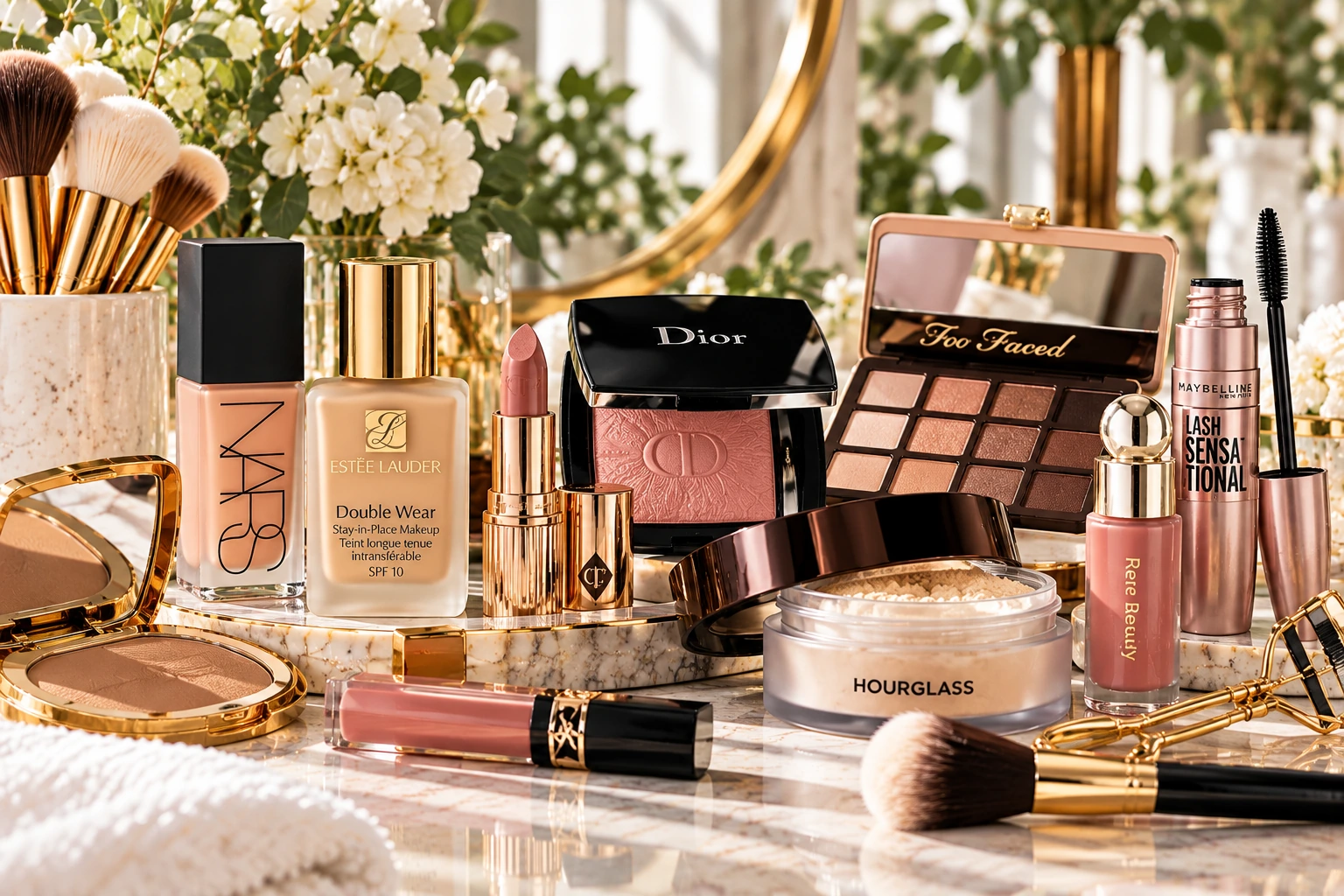 Luxury makeup products arranged on a marble vanity