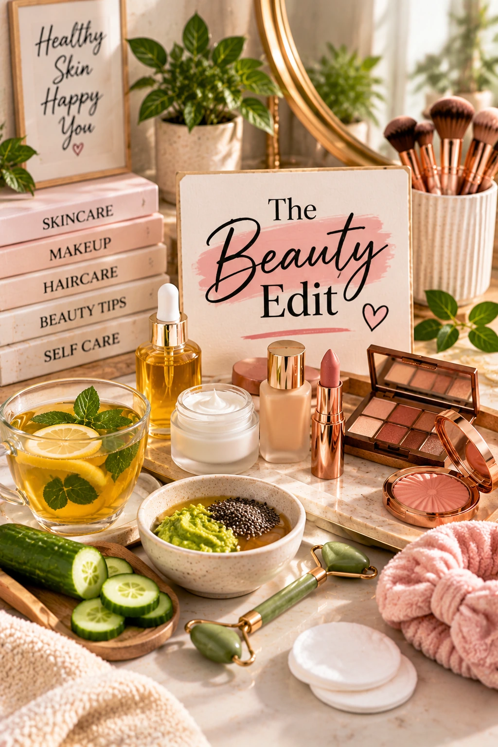 Beauty edit vanity scene with skincare, makeup products and self-care essentials