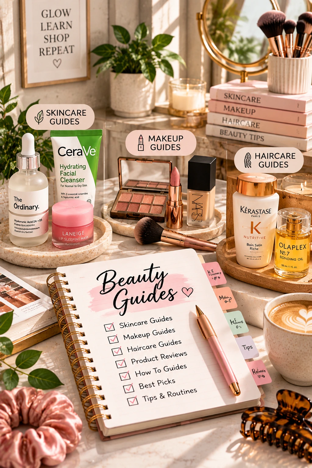 Beauty guides workspace with skincare, makeup and haircare products arranged on a vanity