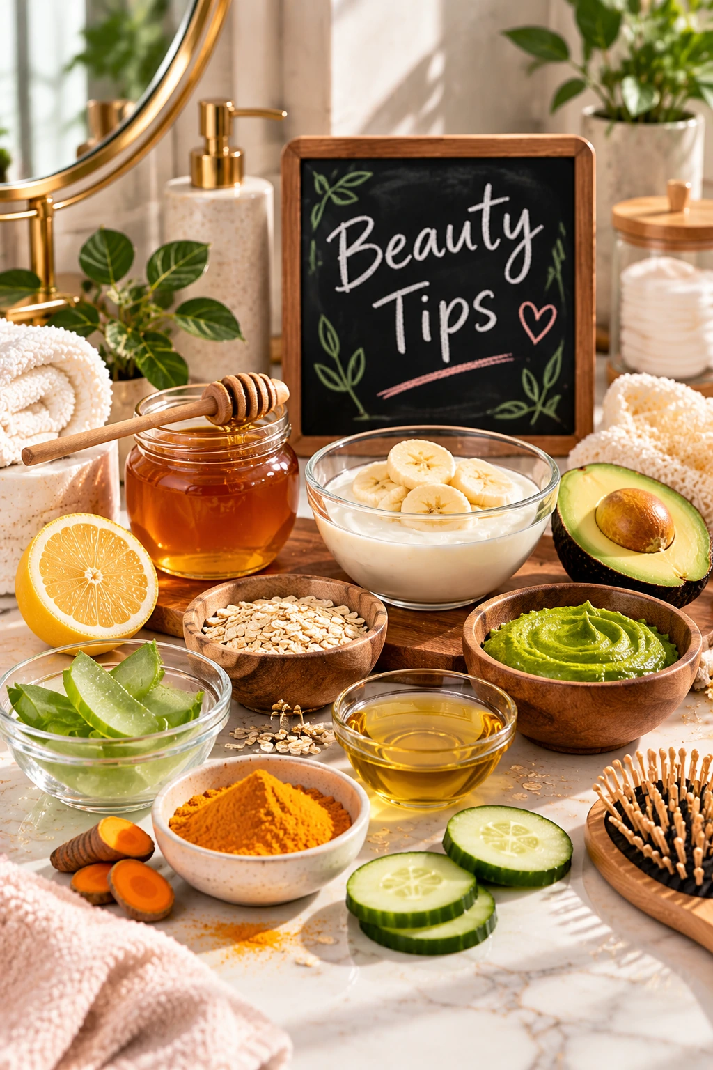 Natural beauty tips ingredients arranged on a vanity with skincare essentials