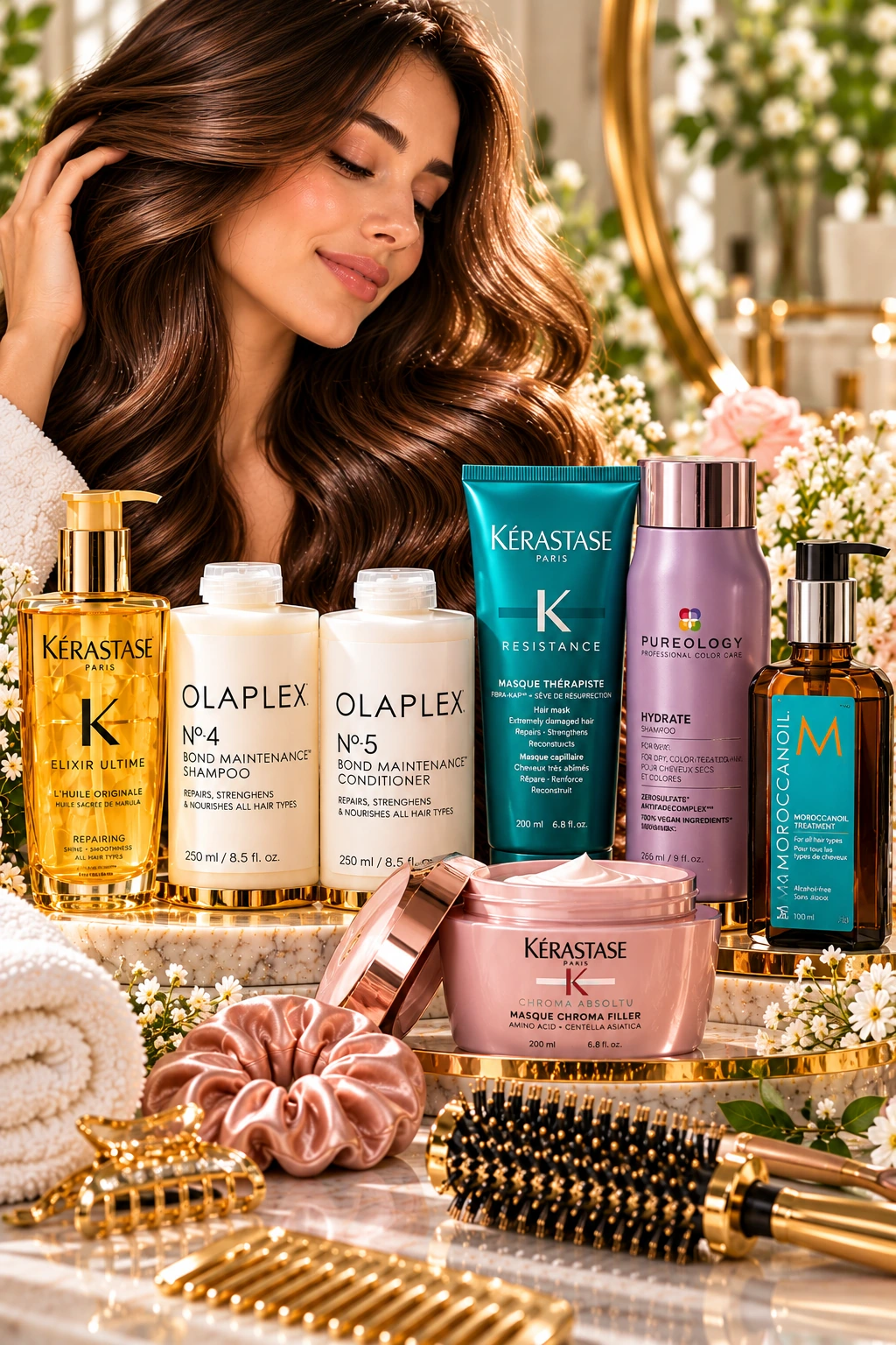 Woman with glossy hair surrounded by luxury haircare products