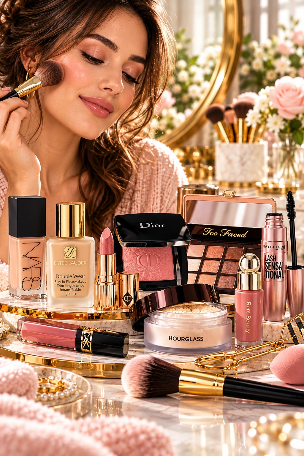 Woman applying makeup surrounded by luxury makeup products