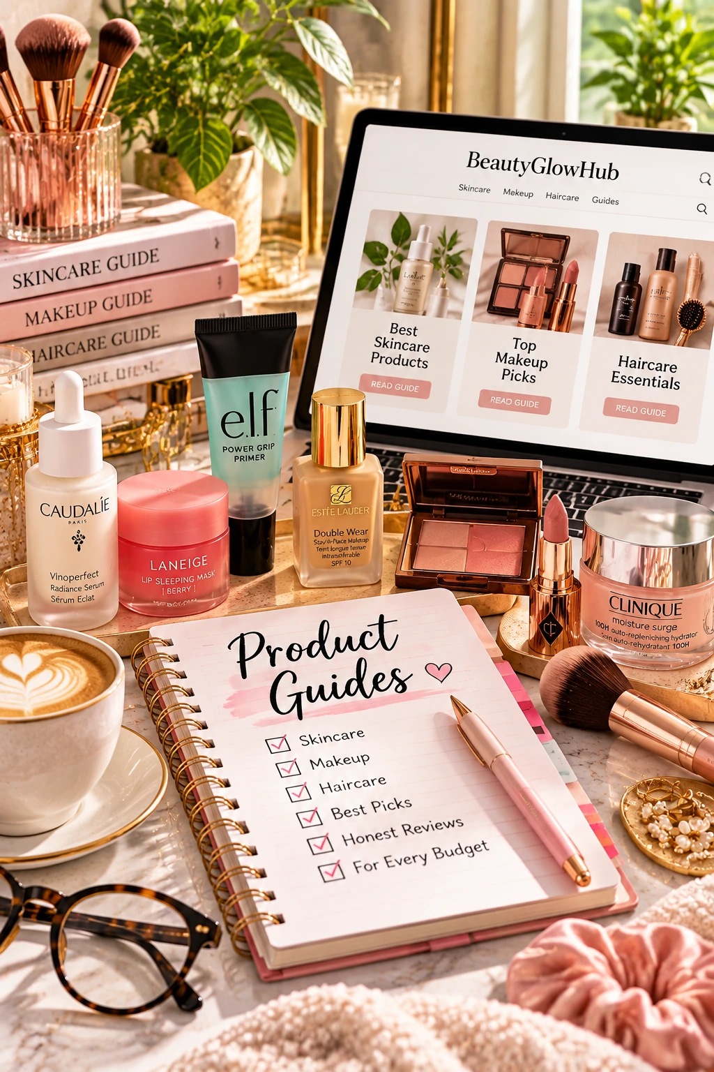 Beauty product guides workspace with skincare, makeup and haircare products