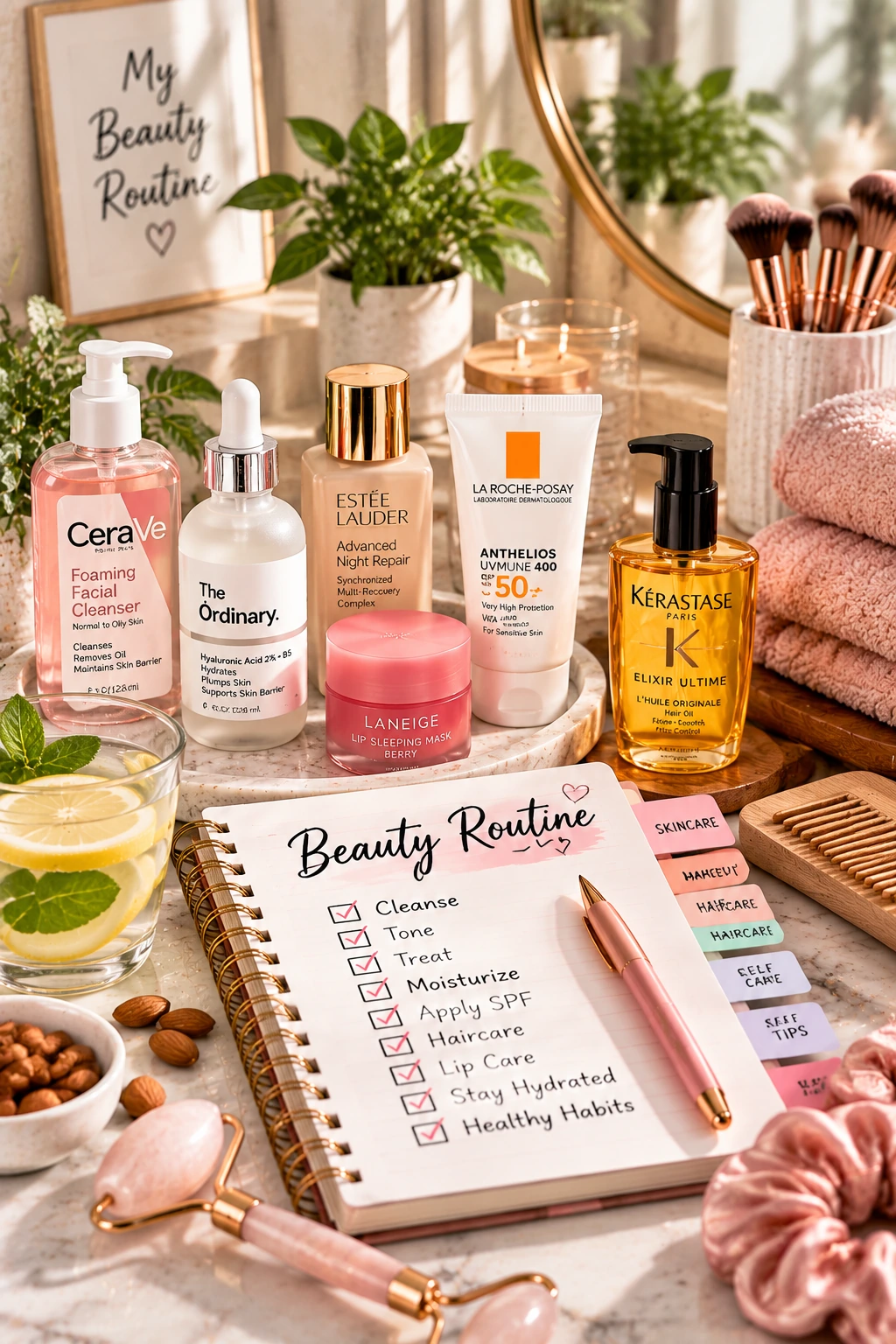 Beauty routine setup with skincare, haircare products and a self-care checklist on a vanity