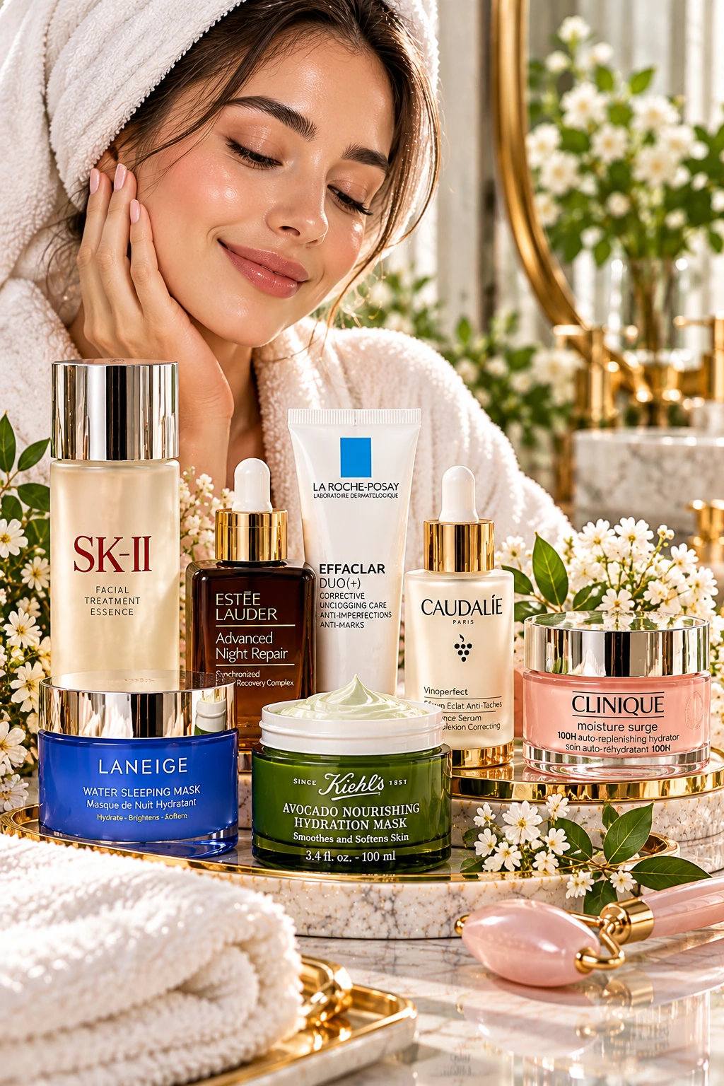 Woman with glowing skin surrounded by luxury skincare products