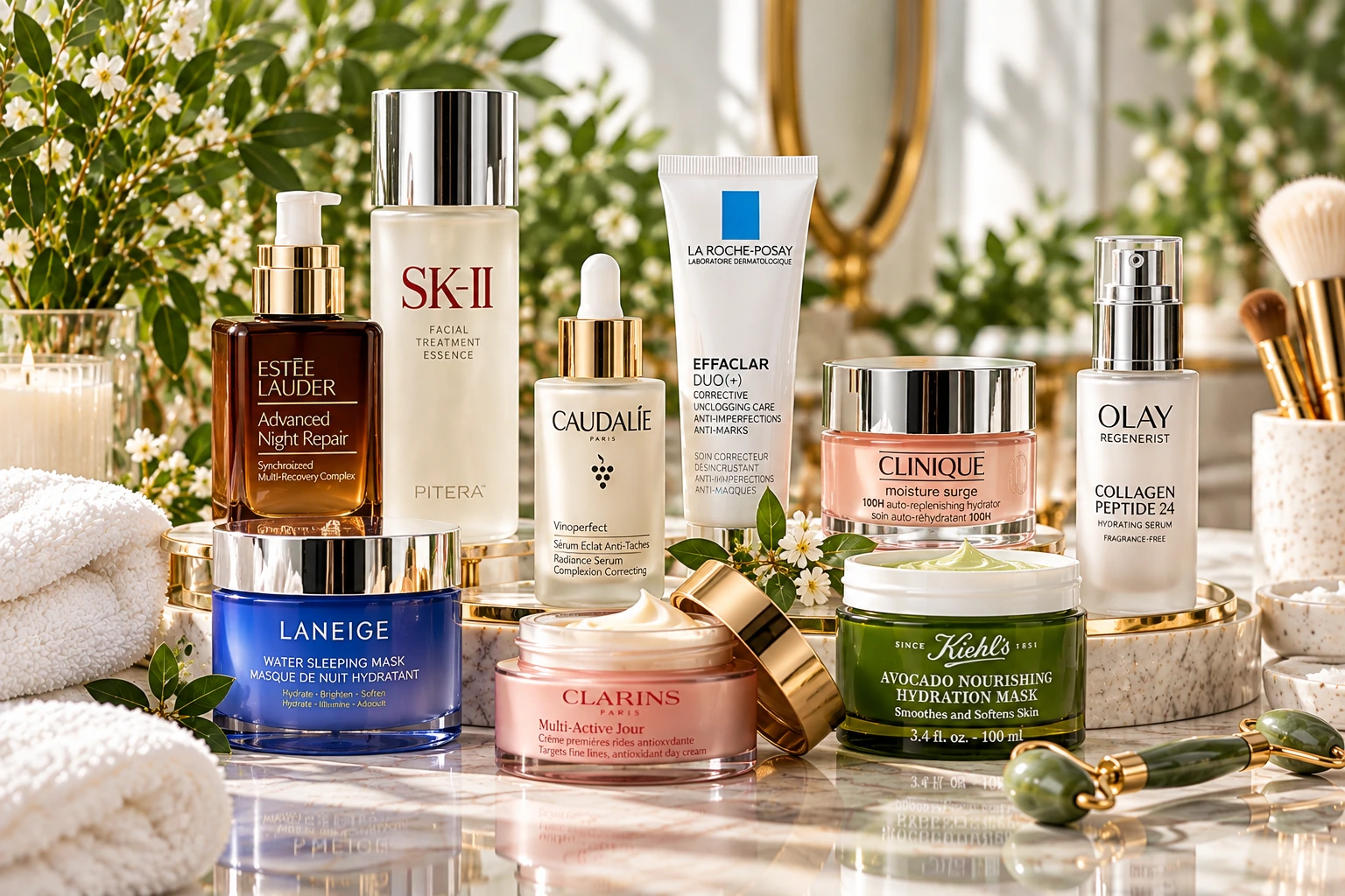 Luxury skincare products arranged on a marble vanity