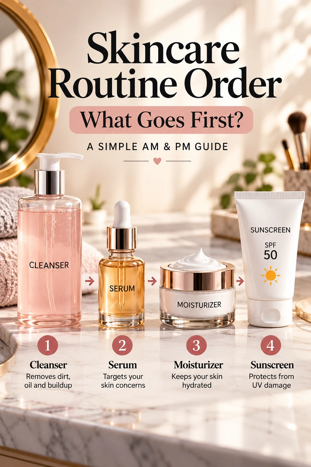 Skincare routine order with cleanser serum moisturizer and sunscreen