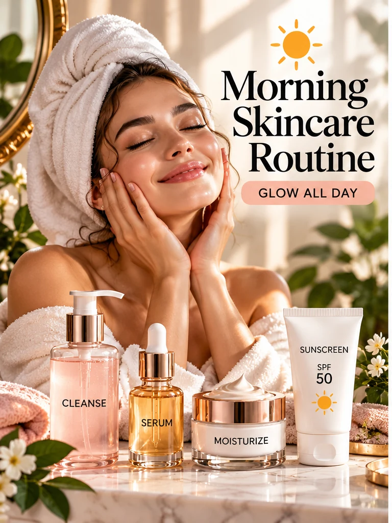 Morning skincare routine with cleanser serum moisturizer and sunscreen