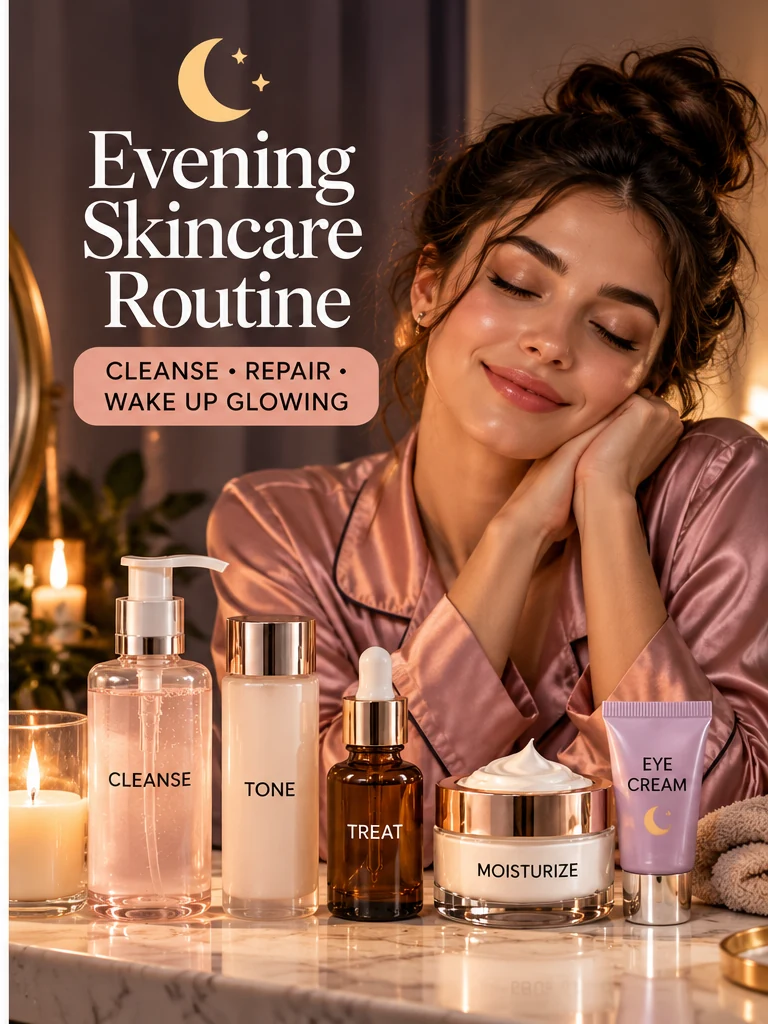 Evening skincare routine with cleanser treatment moisturizer and eye cream