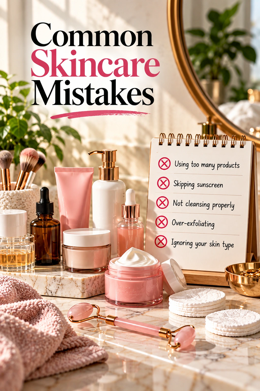 Common skincare mistakes including over-exfoliating and skipping sunscreen
