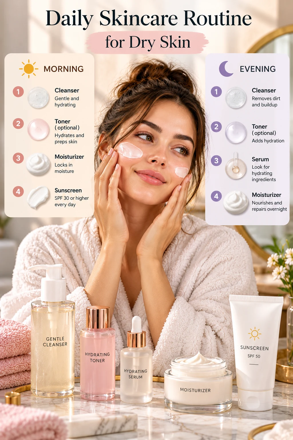 Daily skincare routine with moisturizer for dry skin