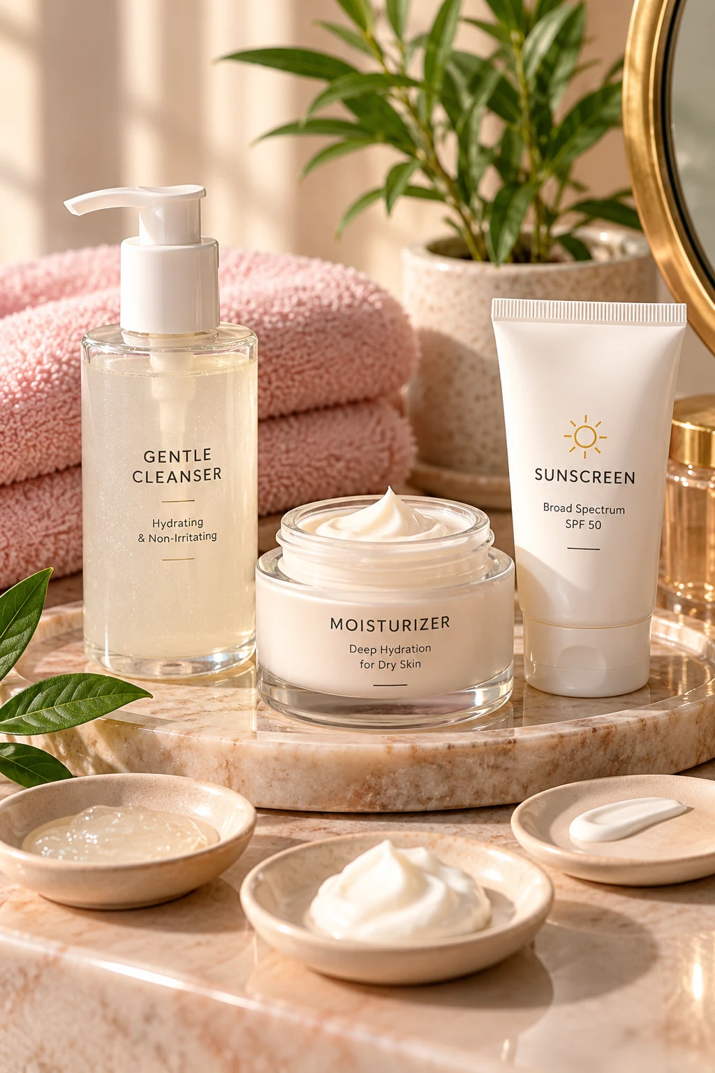 Gentle skincare products arranged for a dry skin routine