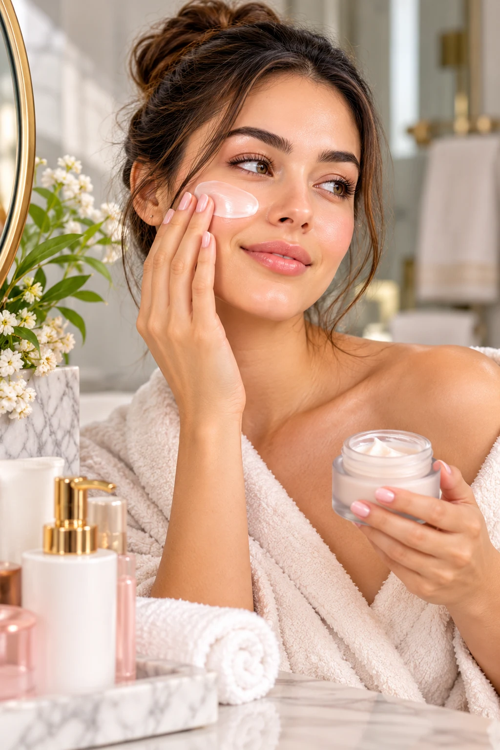 Applying moisturizer to dry skin as part of a gentle skincare routine