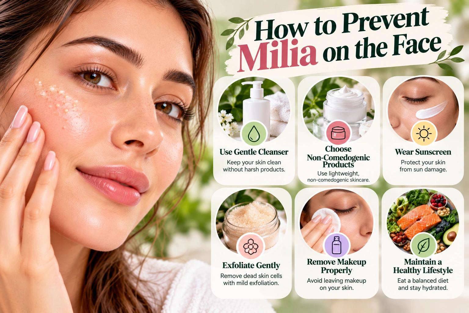 Gentle cleansing, suitable skincare products, sunscreen, and makeup removal