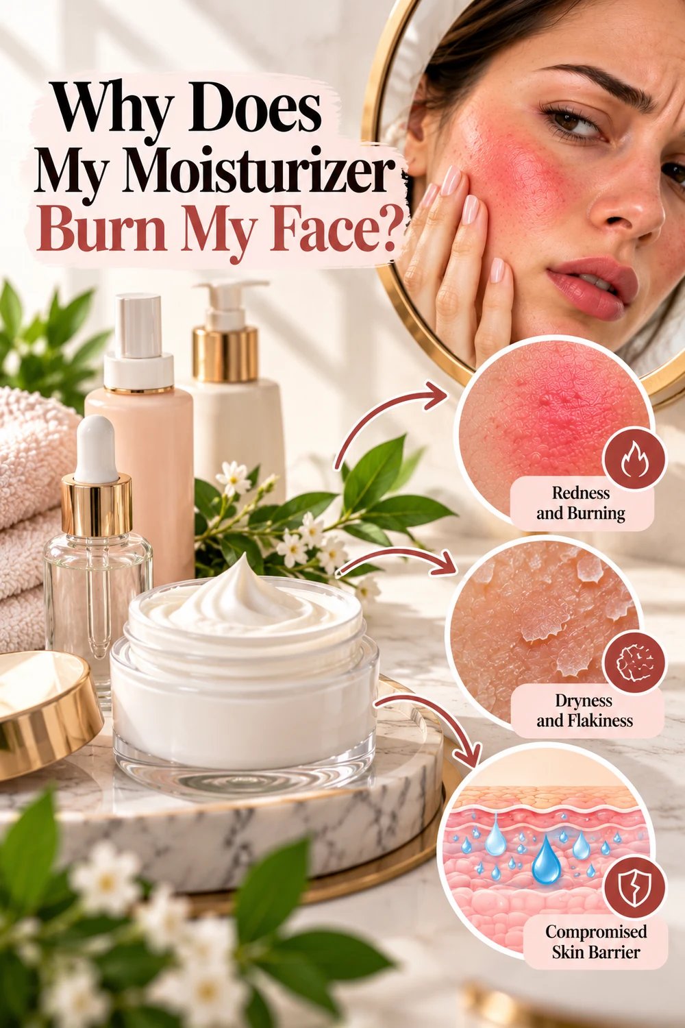 Skincare illustration showing common signs of facial irritation, including redness and dryness