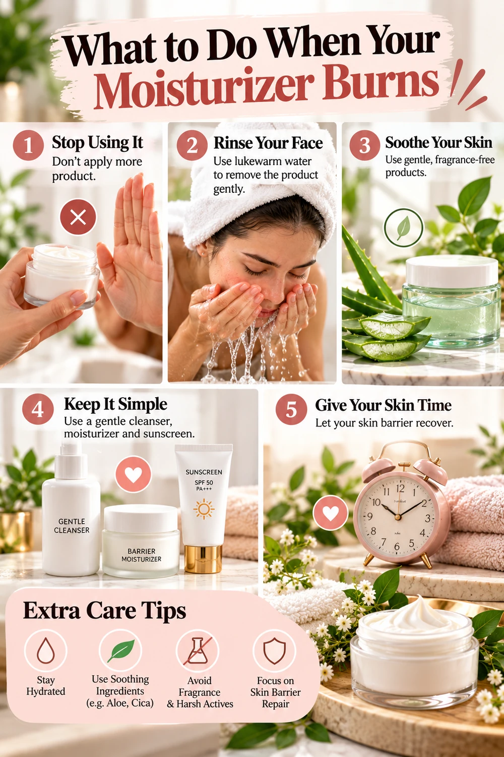 Gentle skincare routine steps for responding when moisturizer burns facial skin