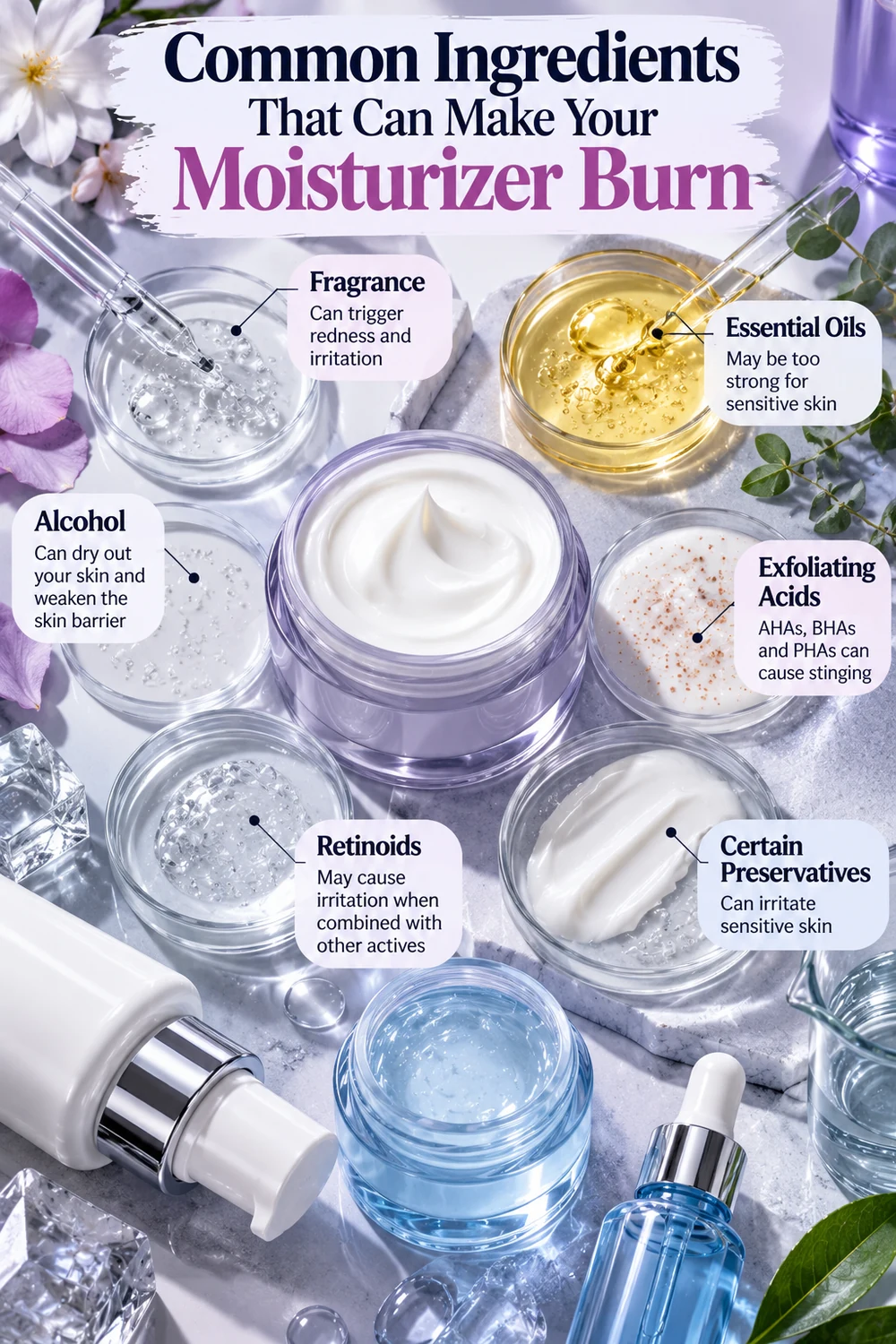 Skincare ingredient guide highlighting fragrance and active ingredients that may irritate sensitive skin