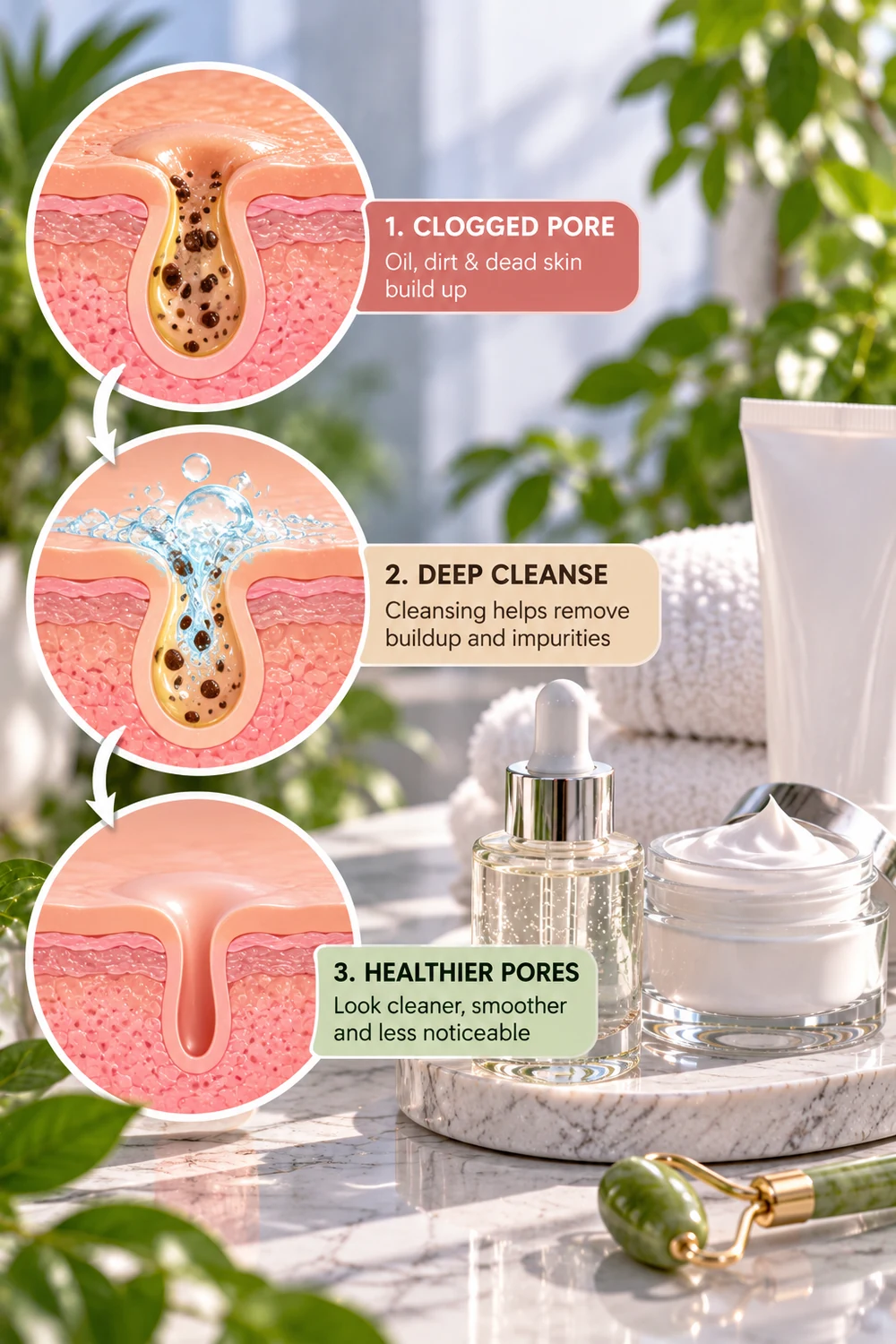 Illustration showing a gentle facial cleansing process