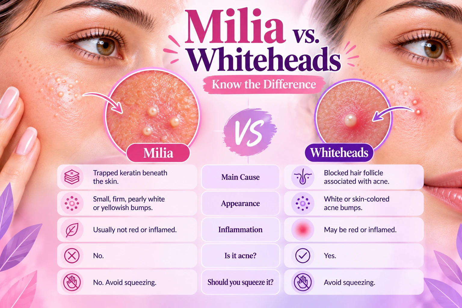 Visual comparison of milia and whiteheads on facial skin