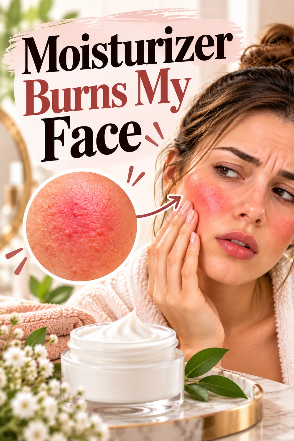 Woman experiencing facial redness after applying moisturizer.