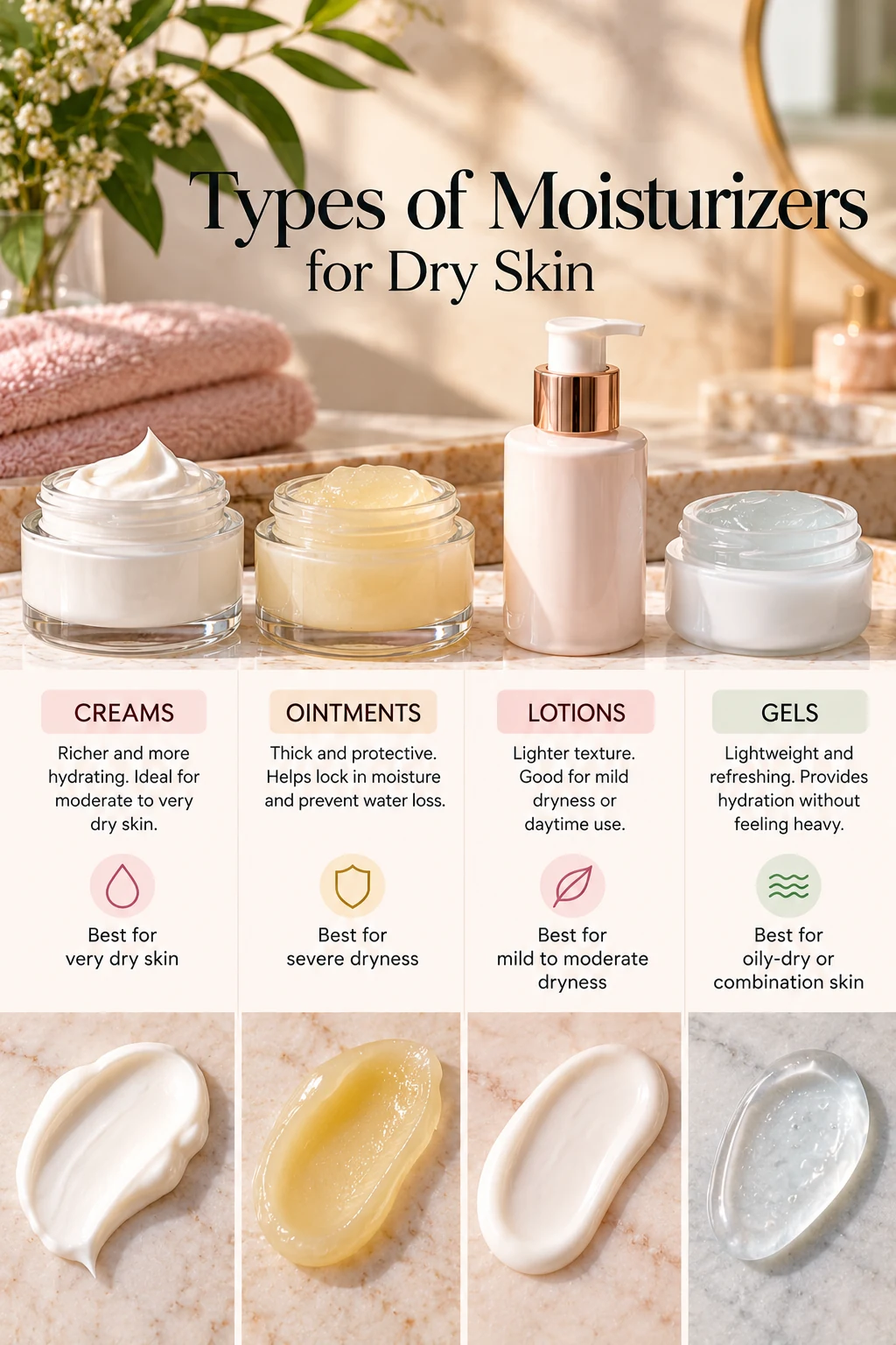 Different moisturizer textures and formulas suitable for dry skin