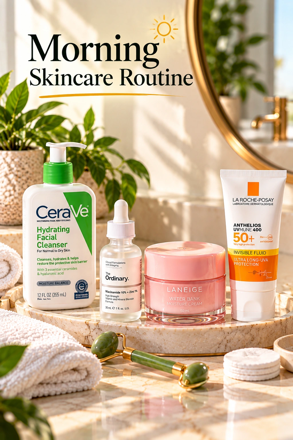 Morning skincare routine with cleanser serum moisturizer and sunscreen