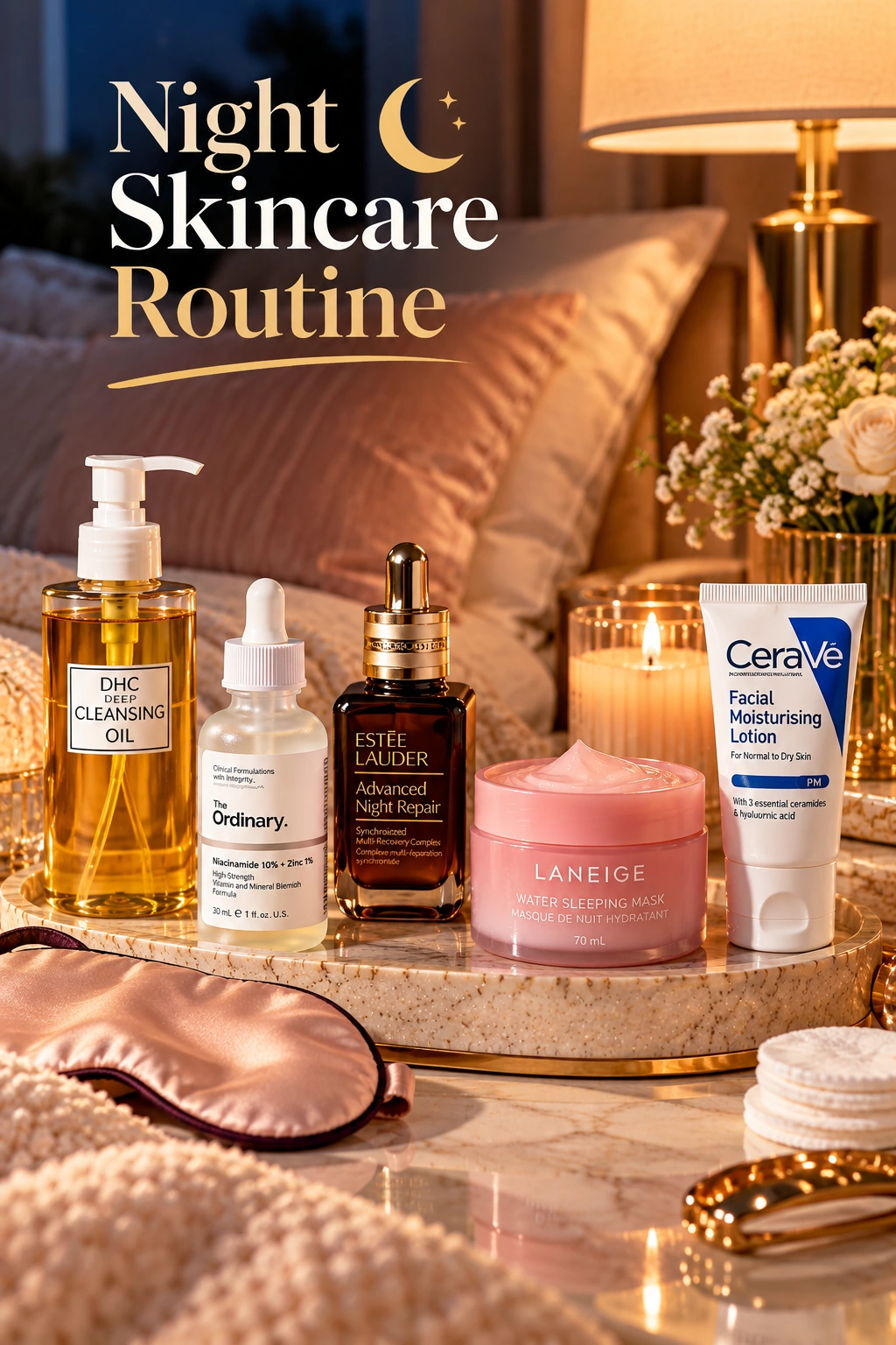 Night skincare routine with cleansing oil serum moisturizer and sleeping mask