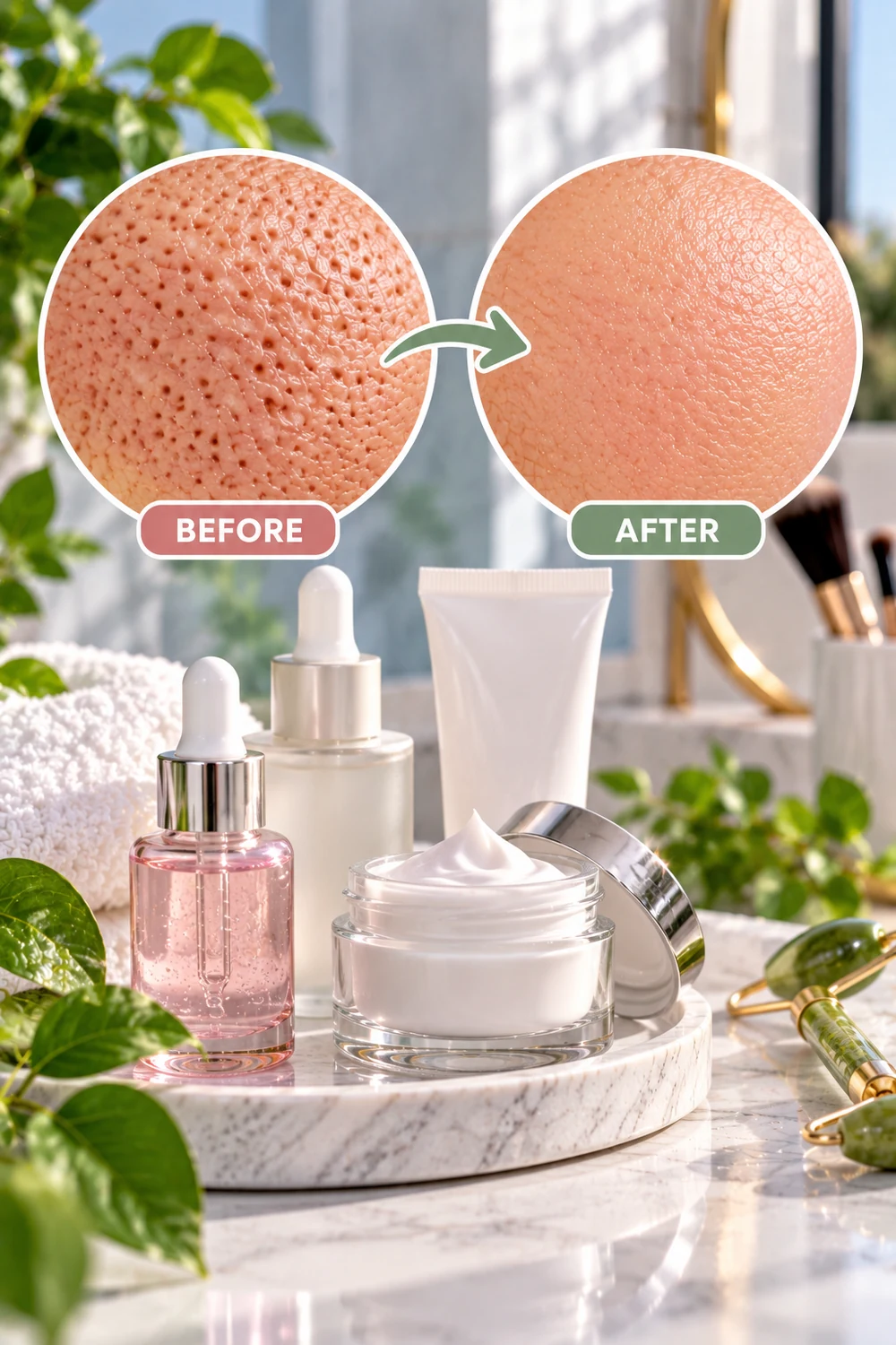 Illustrative comparison of visible pores and smoother-looking skin texture