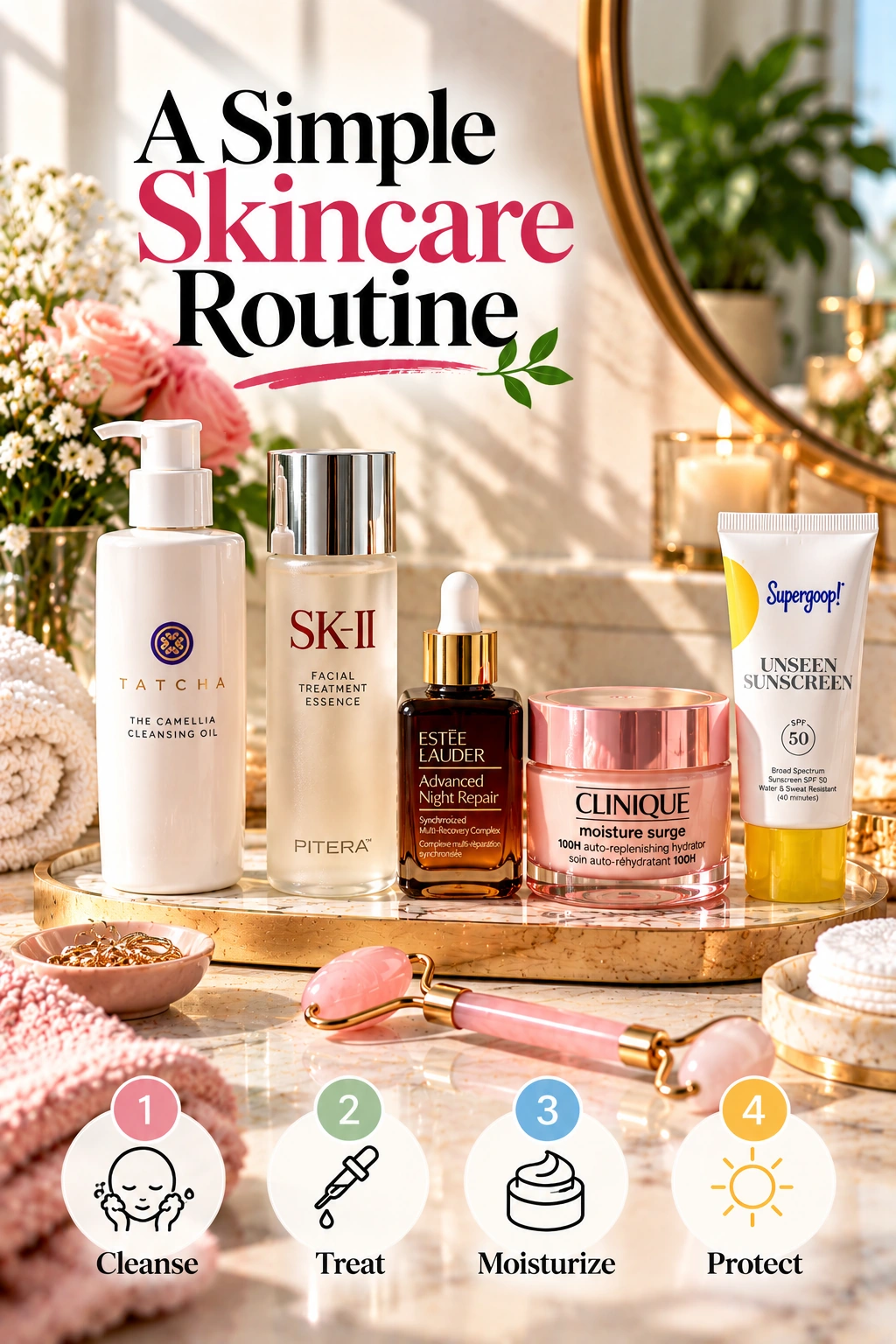 Simple skincare routine with Tatcha SK-II Estée Lauder Clinique and Supergoop products