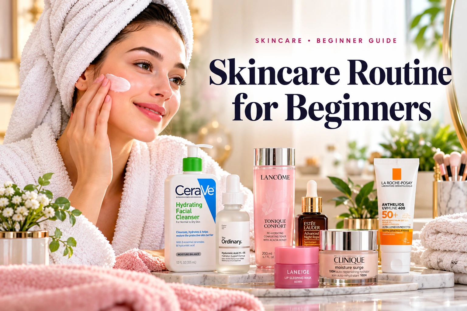 Skincare routine for beginners with cleanser, serum, moisturizer and sunscreen