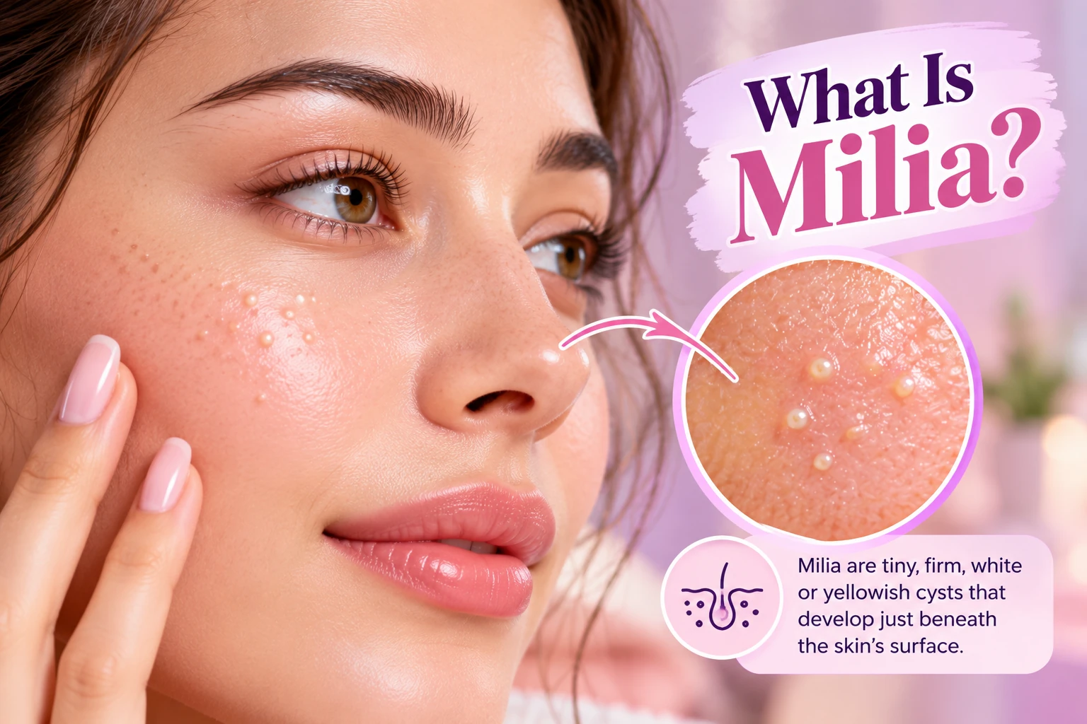 Close-up of tiny white milia bumps on the cheek with a magnified skin view