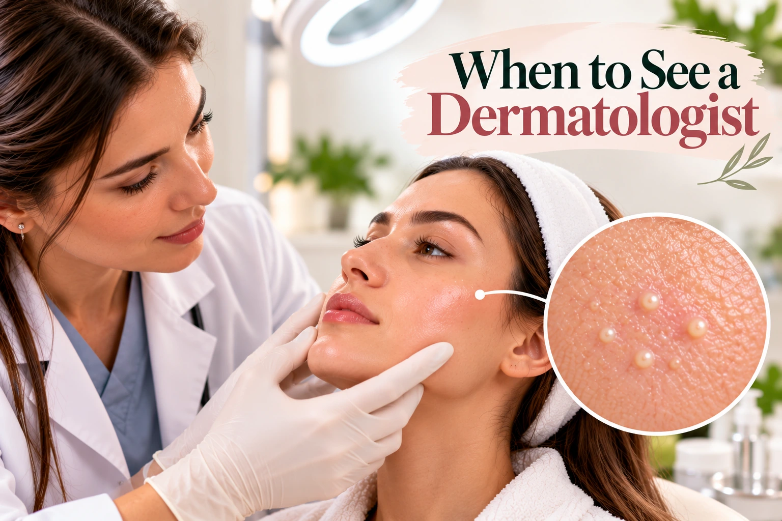 Dermatologist examining a woman's cheek with a magnified view of milia